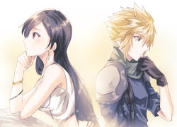  1boy 1girl armor back-to-back bangle bare_shoulders black_gloves black_hair blonde_hair blue_eyes blue_jacket bracelet breasts closed_mouth cloud_strife commentary_request crisis_core_final_fantasy_vii crop_top earrings elbow_rest final_fantasy final_fantasy_vii from_side gloves gradient_background green_scarf highres jacket jewelry light_blush long_hair medium_breasts mizuamememe profile red_eyes scarf shinra_infantry_uniform short_hair shoulder_armor single_earring spiky_hair suspenders tifa_lockhart upper_body 