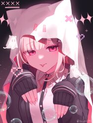  1girl :p absurdres breasts brown_hair collared_shirt danganronpa_(series) danganronpa_2:_goodbye_despair flipped_hair ghost_costume hair_ornament highres hood hood_up jacket long_sleeves looking_at_viewer medium_hair nanami_chiaki neck_ribbon open_clothes open_jacket paw_pose pink_eyes pink_ribbon ribbon shirt smile solo su_no_(su_no090) tongue tongue_out white_shirt 