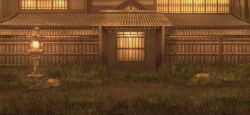  architecture boulder east_asian_architecture eientei game_cg gate grass moss no_humans non-web_source official_art outdoors scenery stone_lantern tile_roof touhou touhou_gensou_eclipse twilight 