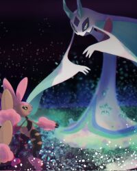  2others alternate_color animal_ears black_sclera blue_eyes blue_sclera brown_eyes brown_fur colored_sclera froslass furry highres horns ice looking_at_another lopunny mega_froslass mega_lopunny mega_pokemon multiple_others pokemon pokemon_(creature) pokemon_focus pokemon_legends:_z-a rabbit_ears shiny_pokemon vikthor01 yellow_sclera 