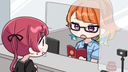  2girls black-framed_eyewear black_necktie black_shirt blonde_hair blue_shirt blush_stickers chibi collared_shirt flying_sweatdrops glasses gradient_hair holding hololive hololive_english houshou_marine indoors long_hair mochimiko multicolored_hair multiple_girls necktie open_mouth orange_hair passport pleated_skirt ponytail puffy_short_sleeves puffy_sleeves red_hair semi-rimless_eyewear shirt short_sleeves skirt small_sweatdrop sweat takanashi_kiara tears twintails under-rim_eyewear very_long_hair violet_eyes virtual_youtuber white_skirt 