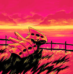  fence grass highres lairon no_humans outdoors pink_sky pokemon pokemon_(creature) prof-peach sky solo sunset wooden_fence 
