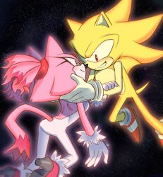  1boy 1girl animal_ears blaze_the_cat bodysuit burning_blaze cat_ears cat_girl cat_tail fur-trimmed_gloves fur_trim furry furry_female furry_male gloves highres pink_fur pink_shoes ponytail red_eyes red_shoes shoes sonic_(series) sonic_rush sonic_the_hedgehog super_sonic tail white_bodysuit white_gloves yellow_eyes yellow_fur yeonwu08 