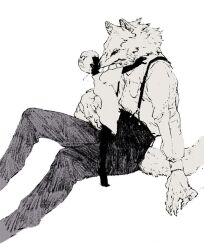  2boys body_fur child claws commentary_request full_body furry furry_male looking_at_another male_focus multiple_boys nagabe nuzzle original short_hair simple_background sitting standing suspenders tail white_background wolf_boy 