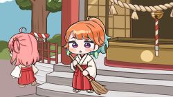  2girls :o ahoge bell blue_hair blue_sky blush_stickers broom brown_sandals chibi clouds commentary_request day hakama hakama_skirt highres holding holding_broom hololive hololive_english japanese_clothes jingle_bell kimono long_hair miko mochimiko multicolored_hair multiple_girls one_side_up orange_hair outdoors parted_lips pink_hair red_hakama sakura_miko sandals shide skirt sky small_sweatdrop socks sweat tabi takanashi_kiara tree two-tone_hair violet_eyes virtual_youtuber white_kimono white_socks zouri 