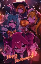  4girls a.i._voice adachi_rei akita_neru animal_ears black_dress black_gloves black_hat blonde_hair blue_hair cat_ears claw_pose closed_mouth commentary dress full_moon gloves halloween halloween_costume happy_halloween hat hatsune_miku highres holding holding_pumpkin jack-o&#039;-lantern kasane_teto looking_at_viewer moon multiple_girls one_eye_closed open_mouth orange_hair pumpkin red_eyes red_hair shigure_(rinky_creater) smile triple_baka_(vocaloid) utau vocaloid witch witch_hat 