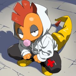  black_pants blowing_bubble_gum chewing_gum clothed_pokemon colored_skin highres hood hood_up hoodie ino_eye looking_at_viewer mega_pokemon mega_scrafty mohawk no_humans orange_skin pants pokemon pokemon_(creature) pokemon_focus red_hair scrafty solo squatting white_hood white_hoodie 
