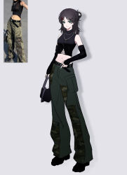  1girl :/ bag black_arm_warmers black_boots boots breasts cargo_pants crop_top eren_yeager genderswap genderswap_(mtf) green_nails hair_bun hair_ornament hairclip handbag highres holding holding_bag medium_breasts midriff multiple_necklaces navel ng_note02 pants patchwork_clothes photo_inset shingeki_no_kyojin single_hair_bun sleeveless sleeveless_turtleneck solo turtleneck 