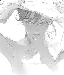 1girl arms_up blending closed_mouth greyscale hands_on_headwear hat highres looking_to_the_side monochrome original pao_jiao_yu_pao_jiao simple_background sketch solo straw_hat thick_eyebrows upper_body white_background 