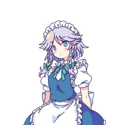  1girl absurdres apron arms_behind_back back_bow blue_dress blue_eyes blush bow bowtie braid collared_shirt commentary dress english_commentary green_bow green_bowtie grey_hair hair_bow highres izayoi_sakuya long_hair looking_at_viewer maid maid_headdress pinafore_dress pioartstuff puffy_short_sleeves puffy_sleeves shirt short_sleeves sleeveless sleeveless_dress solo touhou transparent_background twin_braids waist_apron white_apron white_bow white_shirt 