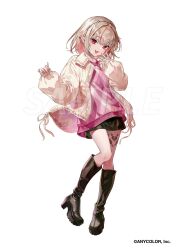  1girl :3 argyle_clothes argyle_sweater bikkusama black_boots black_skirt blunt_bangs blush bob_cut boots colored_inner_hair copyright_notice floating_hair full_body grey_hair hand_to_own_mouth high_heel_boots high_heels jacket knee_boots leather leather_boots leg_tattoo long_sleeves looking_at_viewer makaino_ririmu medium_hair miniskirt multicolored_hair nijisanji official_alternate_costume official_art open_clothes open_jacket open_mouth pink_hair pink_streaks pink_sweater pointy_ears puffy_long_sleeves puffy_sleeves red_eyes ribbon sample_watermark silver_hairband simple_background skirt sleeves_past_wrists smile solo standing standing_on_one_leg streaked_hair sweater tattoo two-tone_hair virtual_youtuber watermark white_background white_jacket white_ribbon winged_heart winged_heart_tattoo 