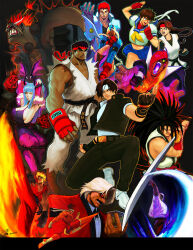  4girls 6+boys akuma_(street_fighter) animal_print bat_print bat_wings black_hair blonde_hair blue_sailor_collar breasts brown_hair cammy_white capcom capcom_vs._snk_2 company_connection crossover dark_skin darkstalkers dougi facial_hair fatal_fury fighting_stance fingerless_gloves fire flower gakuran geese_howard gloves haoumaru head_wings headband highres joe_higashi kagami_kyosuke kasugano_sakura ken_masters kicking kusanagi_kyou large_breasts leotard long_hair martial_arts_belt morrigan_aensland multiple_boys multiple_crossover multiple_girls muscular pantyhose plant print_pantyhose pyrokinesis rival_schools rose rugal_bernstein ryu_(street_fighter) ryuuko_no_ken sailor_collar samurai_spirits school_uniform serafuku short_hair snk steven_mack street_fighter sword the_king_of_fighters weapon wings yagami_iori yuri_sakazaki 
