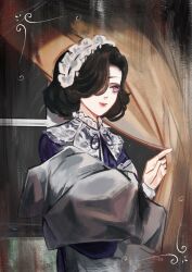  1girl black_hair black_ribbon blanket curtain_grab curtains dress hair_over_one_eye highres holding holding_blanket klappert_art maid maid_headdress neck_ribbon one_eye_covered pink_eyes purple_dress reverse:1999 ribbon short_hair solo swaddled tuesday_(reverse:1999) upper_body window 