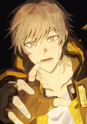  1boy artist_name black_background black_coat black_gloves caelus_(honkai:_star_rail) coat collarbone commentary_request crying crying_with_eyes_open fingerless_gloves fire gloves grey_hair hair_between_eyes hand_up honkai:_star_rail honkai_(series) hood hooded_coat lapels long_sleeves looking_at_viewer male_focus open_clothes open_coat open_mouth rowya shirt short_hair simple_background solo t-shirt tears teeth trailblazer_(honkai:_star_rail) two-sided_coat two-sided_fabric upper_body watermark white_shirt yellow_coat yellow_eyes 