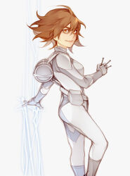  1girl ahoge armor bags_under_eyes belt belt_pouch between_fingers bodysuit breastplate breasts brown_hair closed_mouth commentary electricity electrokinesis english_commentary feet_out_of_frame floating_hair from_side gloves grey_belt grey_bodysuit grey_gloves hair_between_eyes hand_up highres holding holding_nail long_bangs looking_at_viewer medium_breasts medium_hair messy_hair misaka_worst nail_(hardware) orange_eyes pouch shoulder_pads simple_background smile solo standing toaru_majutsu_no_index toaru_majutsu_no_index:_old_testament vilatile white_background 