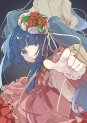  1girl blue_eyes blue_hair bow dress flower furudo_erika grin hair_flower hair_ornament hair_ribbon highres kyoppogi looking_at_viewer open_mouth pink_bow pink_dress pointing pointing_at_viewer red_flower red_rose ribbon rose smile solo twintails umineko_no_naku_koro_ni 