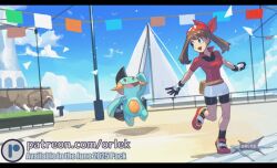  1girl bandana bike_shorts bike_shorts_under_shorts black_socks blue_eyes blue_sky boat breasts brown_hair clouds day fanny_pack gloves long_hair marshtomp may_(pokemon) open_mouth orlek outdoors pokemon pokemon_(creature) pokemon_rse red_bandana red_shirt sailboat shirt shorts shorts_under_shorts sky slateport_city smile socks watercraft 