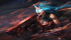  1girl aqua_hair arknights armor bare_shoulders blue_eyes blue_sclera breastplate clothes_around_waist colored_sclera commentary_request cracked_armor eye_trail fangs firudo gloves glowing glowing_eyes high_collar highres holding holding_shield horns hoshiguma_(arknights) jacket jacket_around_waist light_trail long_hair muscular muscular_female oni open_mouth shield single_horn skin-covered_horns sleeveless smoke solid_eyes solo under_fire v-shaped_eyebrows 