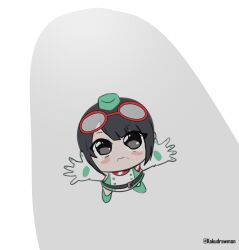  1girl absurdres black_eyes black_hair blush chibi digimon digimon_story:_time_stranger dress from_above gameplay_mechanics goggles goggles_on_head green_dress green_hat hat highres kakudrawmon looking_at_viewer looking_up reaching reaching_towards_viewer short_hair simple_background single_tear solo tearing_up two-tone_dress white_background white_dress yuuki_kanan 