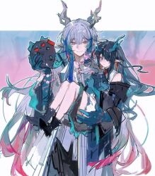  2girls aqua_horns arknights black_hair blue_hair blue_skin carrying carrying_person closed_mouth colored_skin colored_tips cowboy_shot dragon_bubble_(arknights) dusk_(arknights) earrings eastern_dragon_horns grey_hair grey_horns highres horns jewelry jingshenhuanghu knees_up long_hair looking_at_viewer multicolored_hair multiple_girls pink_hair smile streaked_hair tassel tassel_earrings very_long_hair yi_(arknights) 