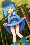  blue_hair boots closed_eyes curtsey eyes_closed from_below hair_bobbles hair_ornament hat kawashiro_nitori key one-piece_swimsuit school_swimsuit short_hair skirt skirt_lift solo swimsuit swimsuit_under_clothes torishima_(ousama) touhou twintails 