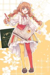  1girl :d apron asymmetrical_legwear blush braid brown_apron brown_shoes brown_skirt center_frills chalkboard collared_dress dress egg_hair_ornament floral_background food-themed_hair_ornament fork_hair_ornament frilled_dress frills full_body hair_ornament hairclip highres holding holding_ladle kirara_tamako kirara_tamako_(1st_costume) ladle layered_sleeves loafers long_hair long_sleeves looking_at_viewer low_twin_braids maru_o_va mismatched_legwear neck_ribbon nijisanji object_in_pocket orange_eyes orange_hair pantyhose pocket red_pantyhose red_ribbon ribbon shoes skirt smile solo standing striped_clothes striped_skirt twin_braids two-tone_pantyhose vertical-striped_clothes vertical-striped_skirt virtual_youtuber white_dress yellow_background yellow_pantyhose 