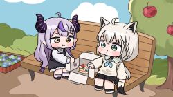  2girls :t ahoge animal_ears apple apple_tree black_dress black_shoes black_shorts black_socks blue_flower blue_sky blush_stickers braid braided_bangs brown_eyes brown_shirt cake cake_slice chibi clouds commentary_request day demon_horns dress eating flower food fork fox_ears fox_girl fox_tail fruit green_eyes grey_hair hair_between_eyes highres holding holding_fork hololive horns la+_darknesss long_hair long_sleeves mochimiko multicolored_hair multiple_girls on_bench outdoors pastry_box pointy_ears puffy_long_sleeves puffy_sleeves purple_hair shirakami_fubuki shirt shoes shorts sitting sky sleeveless sleeveless_dress socks strawberry streaked_hair tail tree very_long_hair virtual_youtuber wavy_mouth white_shirt white_shoes white_socks 