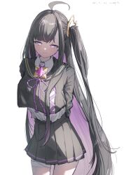  1girl ahoge arms_behind_back black_hair black_shirt black_skirt blush chitose_(stella_sora) colored_inner_hair highres layered_shirt long_hair multicolored_hair pleated_skirt pppmepl purple_hair shirt side_ponytail skirt smile solo stella_sora very_long_hair violet_eyes white_shirt 