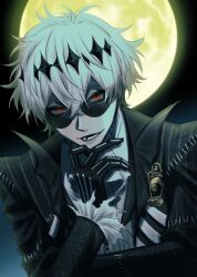  1boy ascot black_crown black_gloves crown diamond_hairband formal_clothes gloves happy_halloween highres jacket kai_game_116 long_sleeves looking_at_viewer male_focus missing_tooth orange_eyes pinstripe_jacket pinstripe_pattern pinstripe_suit pinstripe_vest round_eyewear short_hair skeleton skeleton_print skully_j._graves smile solo stitches striped_clothes striped_jacket striped_vest suit sunglasses the_nightmare_before_christmas twisted_wonderland vertical-striped_clothes vertical-striped_jacket vertical-striped_vest vest white_hair 