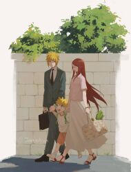  1girl 2boys absurdres backpack bag black_necktie black_shoes blonde_hair blue_eyes breasts brick_wall briefcase brown_sandals child closed_eyes collared_shirt couple facial_mark family father_and_son food full_body green_bag grey_jacket grey_pants grey_suit hair_ornament hairclip hetero highres holding holding_briefcase holding_hands husband_and_wife jacket jenmushroom long_hair long_skirt medium_breasts mother_and_son multiple_boys namikaze_minato naruto_(series) necktie open_mouth outdoors pants pink_shirt print_bag red_hair sandals shirt shoes short_hair short_sleeves skirt smile spiky_hair suit suit_jacket swept_bangs twitter_username uzumaki_kushina uzumaki_naruto vegetable walking whisker_markings white_shirt white_shoes white_skirt 