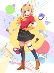  1girl akirakzq aqua_eyes black_skirt black_thighhighs blonde_hair blush breasts brown_shoes cd demon_horns fake_horns headphones high_heels highres horns looking_at_viewer medium_hair memcho microphone multicolored_hair open_mouth oshi_no_ko red_shirt roots_(hair) shirt shoes short_hair skirt smile solo striped_sleeves thigh-highs thigh_strap yellow_sleeves 
