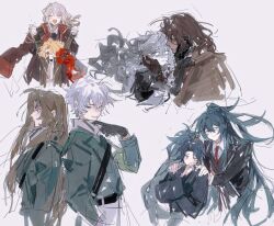  4boys 4girls black_gloves black_hair brown_hair colored_skin don_quixote_(project_moon) dress erlking_heathcliff_(project_moon) every_catherine_(project_moon) frilled_sleeves frills gloves grey_dress grey_hair half_updo high_ponytail hong_lu_(project_moon) jingshenhuanghu juliet_sleeves la_manchaland's_don_quixote_(project_moon) limbus_company lin_daiyu_(project_moon) long_hair long_sleeves multiple_boys multiple_girls parted_bangs ponytail project_moon puffy_sleeves rodion_(project_moon) sancho_(project_moon) sidelocks skirt sonya_(project_moon) very_long_hair violet_eyes white_background white_hair white_skin 