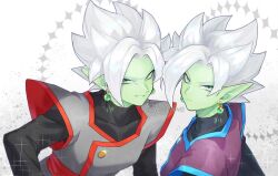  &gt;:) 2boys :| black_shirt blue_trim clone closed_mouth coat collarbone colored_skin dots dragon_ball dragon_ball_super earrings furrowed_brow fused_zamasu glowing glowing_earrings gold_buttons gradient_background green_skin grey_coat grey_eyes grin halo hand_on_own_hip jewelry light_frown long_pointy_ears looking_at_viewer male_focus multiple_boys nana_tsuba_(pixiv78353289) pointy_ears potara_earrings purple_coat red_trim shirt short_hair simple_background smile sparkle third-party_source turtleneck turtleneck_shirt twitter_username v-shaped_eyebrows watermark white_hair zamasu 
