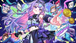  1girl :q absurdres amane_kanata black_shirt black_skirt center-flap_bangs center_frills collared_shirt color-coded colored_inner_hair commentary controller cropped_shirt detached_sleeves double-parted_bangs english_commentary fluffycatfish frills game_controller gradient_hair hair_flaps highres holding holding_controller holding_game_controller hololive hololive_dev_is hololive_english hololive_idol_uniform_(color_rise) idol_clothes irys_(hololive) koseki_bijou la+_darknesss long_hair midriff miniskirt multicolored_hair multicolored_shirt navel ninomae_ina&#039;nis official_alternate_costume official_art pink_hair puffy_detached_sleeves puffy_short_sleeves puffy_sleeves purple_hair roboco-san shirakami_fubuki shirt short_sleeves sidelocks single_detached_sleeve single_sleeve skirt solo todoroki_hajime tongue tongue_out very_long_hair violet_eyes virtual_youtuber white_shirt 