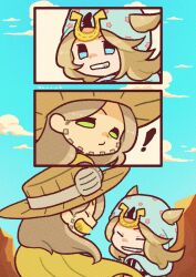  ! 2boys beanie blonde_hair blue_eyes cape chibi chibi_only closed_eyes commentary day facial_hair green_eyes grin gyro_zeppeli hair_through_headwear hat highres johnny_joestar jojo_no_kimyou_na_bouken long_hair looking_back m_a_a_m_8 male_focus multiple_boys outdoors sky smile steel_ball_run 