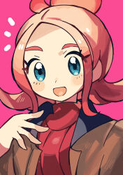  1girl :d anidler91 blonde_hair blue_eyes brown_jacket eyelashes highres jacket looking_at_viewer open_clothes open_jacket open_mouth pink_background pokemon pokemon_legends:_z-a red_shirt shirt short_hair smile solo taunie_(pokemon) upper_body 