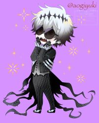  1boy aogiyuki bishounen black_crown blue_eyes crown diamond_hairband formal_clothes gloves highres long_sleeves looking_at_viewer male_focus pinstripe_pattern pinstripe_suit pinstripe_vest round_eyewear short_hair skeleton_print skully_j._graves smile solo striped_clothes suit the_nightmare_before_christmas twisted_wonderland vest white_hair 