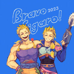  2023 2boys arm_around_shoulder bare_shoulders blonde_hair blue_background blue_bow blue_shirt bow brothers closed_eyes earrings edgar_roni_figaro final_fantasy final_fantasy_vi grin hair_between_eyes hair_over_shoulder hand_on_own_hip holding holding_weapon jewelry low_ponytail male_focus multi-tied_hair multiple_boys muscular muscular_male nobu_(25mark) open_mouth ponytail sabin_rene_figaro sash shirt siblings single_earring sleeveless sleeveless_shirt smile teeth twins waist_sash weapon 