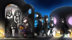  6+girls abyssal_ship animal_costume animal_ears bat_wings battleship_princess battleship_water_oni black_dress black_hair black_nightgown blank_eyes broom brown_hair candy closed_eyes commission crossover demon_costume dress food halloween halloween_bucket halloween_costume hamu_koutarou hat highres horns kantai_collection manhattan_cafe_(umamusume) multiple_girls nightgown pale_skin pixiv_commission pumpkin rice_shower_(make_up_vampire!)_(umamusume) rice_shower_(umamusume) ru-class_battleship single_horn smile ta-class_battleship umamusume white_hair wings witch witch_hat wo-class_aircraft_carrier wolf_costume 