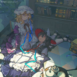  2girls apron artist_name black_dress black_hair black_hat black_shoes blonde_hair blue_ribbon book book_stack bookshelf check_commentary chinese_commentary commentary commentary_request cup dated dress furahata_gen hat highres indoors long_sleeves maribel_hearn mob_cap multiple_girls necktie pantyhose puffy_sleeves purple_dress red_eyes red_necktie ribbon shoes sitting sugar_cube sunlight table teacup teapot touhou usami_renko violet_eyes white_apron white_hat white_pantyhose yokozuwari 