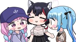  3girls :d anchor_symbol animal_ear_fluff animal_ears baseball_cap black_hair black_skirt blue_hair blush_stickers braid breasts brown_dress brown_eyes chibi closed_eyes clothes_writing drawstring dress flying_sweatdrops grey_hoodie grey_shirt hat highres hololive hood hood_down hoodie long_hair low_ponytail low_twintails medium_breasts minato_aqua mochimiko multicolored_hair multiple_girls ookami_mio pink_hair pleated_skirt ponytail puffy_short_sleeves puffy_sleeves purple_hat red_hair shirt short_sleeves simple_background skirt small_sweatdrop smile streaked_hair sweat translation_request twin_braids twintails two-tone_hair very_long_hair violet_eyes virtual_youtuber white_background wolf_ears yukihana_lamy yukihana_lamy_(casual) 