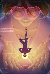  1boy 1girl animal_print belt black_hair bodysuit closed_mouth collarbone commentary_request english_commentary giant giantess glitch hair_between_eyes halo halo_behind_head heart heart-shaped_eyewear highres korean_commentary looking_down lyla_(marvel) marvel miguel_o&#039;hara mixed-language_commentary print_bodysuit shirt short_hair size_difference spider-man:_across_the_spider-verse spider-man_(series) spider-verse spider_print spiderthingcoo tarot the_hanged_man_(tarot) upside-down white_shirt 