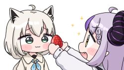  2girls :3 ahoge animal_ear_fluff animal_ears blue_neckerchief blush_stickers braid braided_bangs brown_eyes brown_shirt chibi closed_mouth collared_shirt demon_horns fang food fox_ears fruit green_eyes grey_hair highres holding holding_food hololive horns la+_darknesss long_hair long_sleeves mochimiko multicolored_hair multiple_girls neckerchief outstretched_arms puffy_long_sleeves puffy_sleeves purple_hair shirakami_fubuki shirt simple_background sparkle strawberry streaked_hair virtual_youtuber white_background white_shirt 
