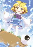  :d absurdres adapted_costume blonde_hair child detached_sleeves frog hat hat_removed headwear_removed highres moriya_suwako open_mouth outstretched_arms serizawa_mutsuki short_hair smile solo spread_arms thigh-highs thighhighs touhou white_legwear white_thighhighs yellow_eyes young 
