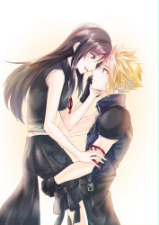  1boy 1girl absurdres apron arm_ribbon armor bare_shoulders black_apron black_gloves black_shorts black_vest blonde_hair blue_eyes blush breasts cloud_strife commentary_request couple earrings eye_contact feet_out_of_frame fenrir_(final_fantasy) final_fantasy final_fantasy_vii final_fantasy_vii_advent_children forehead-to-forehead from_side gloves gradient_background hand_on_another&#039;s_cheek hand_on_another&#039;s_face heads_together hetero highres jewelry lifting_person long_hair looking_at_another medium_breasts mizuamememe open_mouth popped_collar profile red_eyes red_ribbon ribbon shirt short_hair shorts shoulder_armor sleeveless sleeveless_shirt smile spiky_hair stud_earrings tifa_lockhart vest waist_apron 