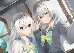 2girls absurdres alternate_costume blush bow bowtie cardigan closed_mouth commentary english_commentary firefly_(honkai:_star_rail) firefly_(spring_missive)_(honkai:_star_rail) green_bow green_bowtie green_pupils grey_cardigan grey_hair grey_hairband grey_sailor_collar hair_between_eyes hair_intakes hairband highres honkai:_star_rail honkai_(series) indoors long_hair multicolored_eyes multiple_girls official_alternate_costume plaid_bow plaid_bowtie plaid_clothes sailor_collar school_uniform selfie serafuku smile stelle_(honkai:_star_rail) trailblazer_(honkai:_star_rail) v window yellow_eyes yuki-san_(wdtm_yuki) 