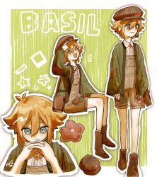  1boy aaaa148991 adjusting_clothes adjusting_headwear arm_up basil_(birthday)_(omori) basil_(faraway)_(omori) basil_(omori) blonde_hair blue_eyes blush boots brown_boots brown_hat brown_overalls cardigan character_name closed_mouth collared_shirt double-parted_bangs full_body green_cardigan hair_between_eyes hat highres lace-up_boots long_sleeves male_focus newsboy_cap omori open_mouth overall_shorts overalls own_hands_clasped own_hands_together parted_lips shirt sitting smile solo white_shirt 