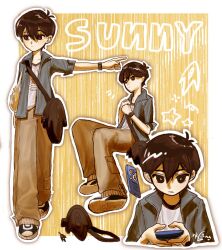  1boy aaaa148991 antenna_hair black_eyes black_hair black_shoes blue_jacket brown_pants character_bag character_charm charm_(object) closed_mouth collared_jacket double-parted_bangs full_body hair_between_eyes handheld_game_console highres holding holding_handheld_game_console jacket omori open_clothes open_jacket pants shirt shoes short-sleeved_jacket short_sleeves sneakers solo something_(omori) sunny_(birthday)_(omori) sunny_(omori) t-shirt watch watch white_shirt 