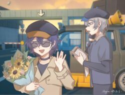  1boy 1girl alternate_costume belle_(zenless_zone_zero) black_choker black_hat black_pants black_shirt blue_hair bouquet brother_and_sister brown_coat building choker coat grey_hair happy hat highres holding holding_bouquet horn_speaker long_sleeves motor_vehicle moyaoyaoyaoyao_r open_mouth outdoors pants procreate_(medium) shirt short_hair siblings sunglasses sunset tongue van waving wise_(zenless_zone_zero) zenless_zone_zero 