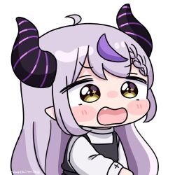  1girl ahoge black_dress blush_stickers braid braided_bangs brown_eyes chibi commentary_request demon_horns dress fang grey_hair hololive horns la+_darknesss long_hair long_sleeves mochimiko multicolored_hair open_mouth pointy_ears puffy_long_sleeves puffy_sleeves purple_hair shirt signature simple_background sleeveless sleeveless_dress solo streaked_hair very_long_hair virtual_youtuber wavy_mouth white_background white_shirt 